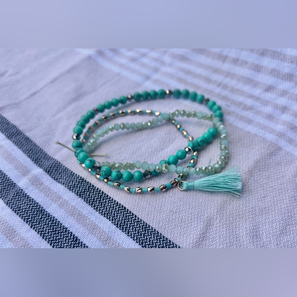 Artisan Mermaidcore Turquoise and Gold Tone Bead Tassel Stretch Bracelet Set - Picture 2 of 5